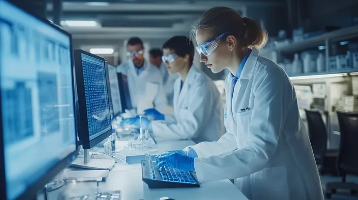 Researchers in lab coats performing experiments with advanced equipment in a modern laboratory